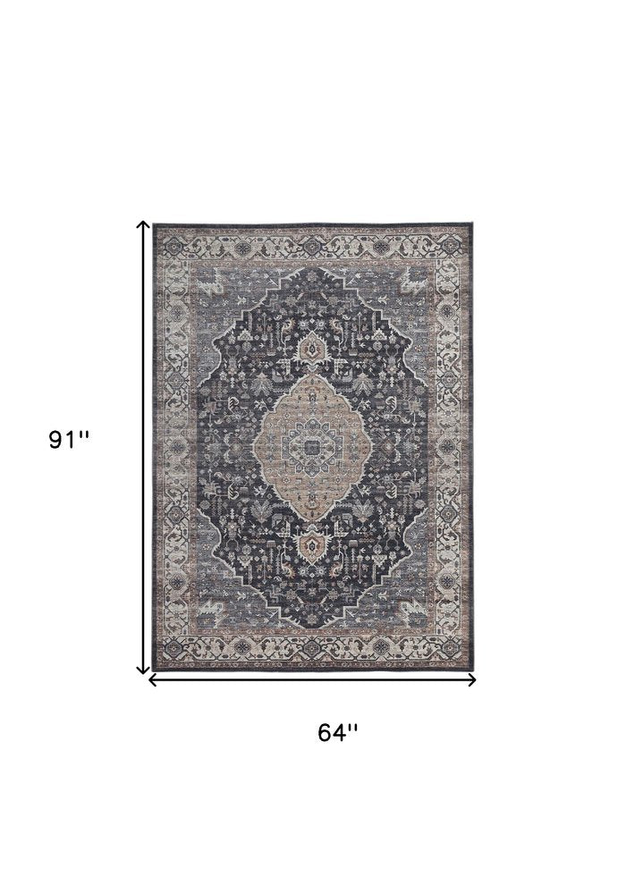 5' X 8' Black Oriental Stain Resistant Area Rug