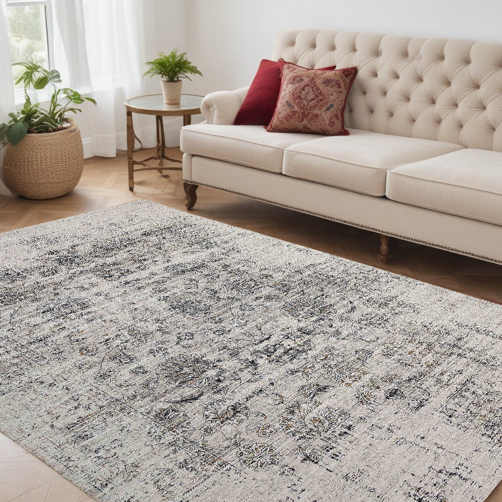 5' X 8' Beige Oriental Distressed Stain Resistant Area Rug