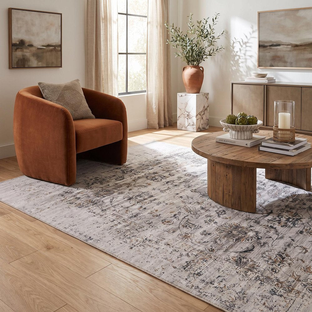 5' X 8' Beige Oriental Distressed Stain Resistant Area Rug