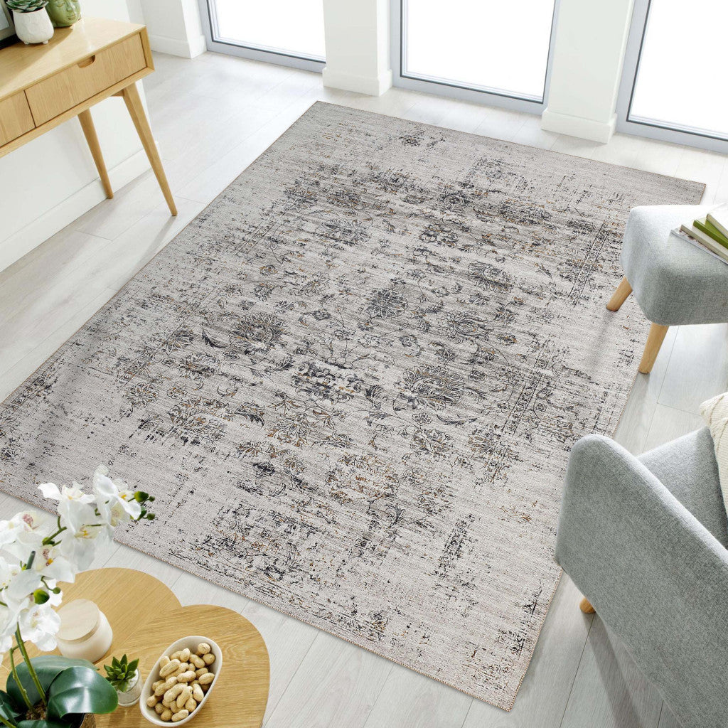 5' X 8' Beige Oriental Distressed Stain Resistant Area Rug