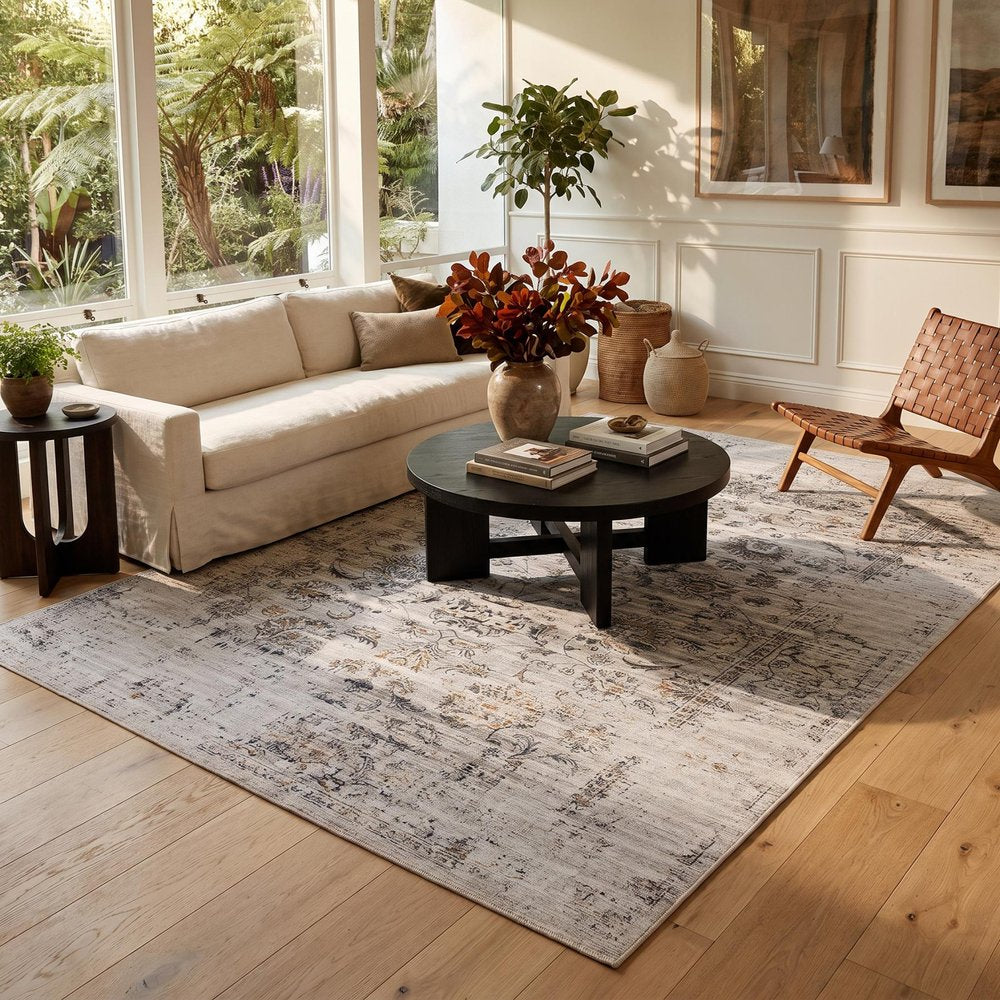 5' X 8' Beige Oriental Distressed Stain Resistant Area Rug