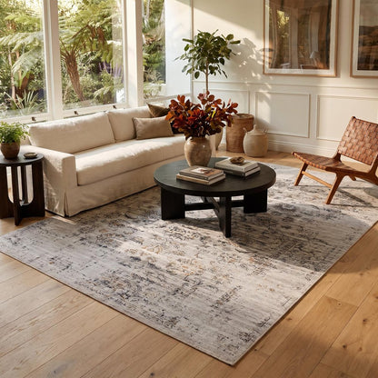 5' X 8' Beige Oriental Distressed Stain Resistant Area Rug