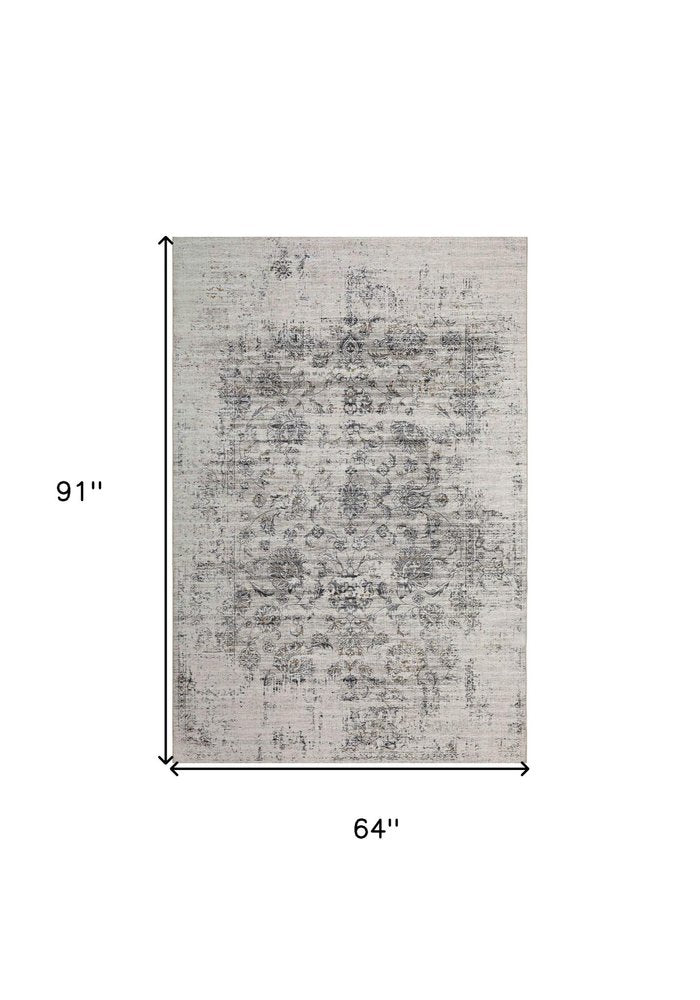 5' X 8' Beige Oriental Distressed Stain Resistant Area Rug