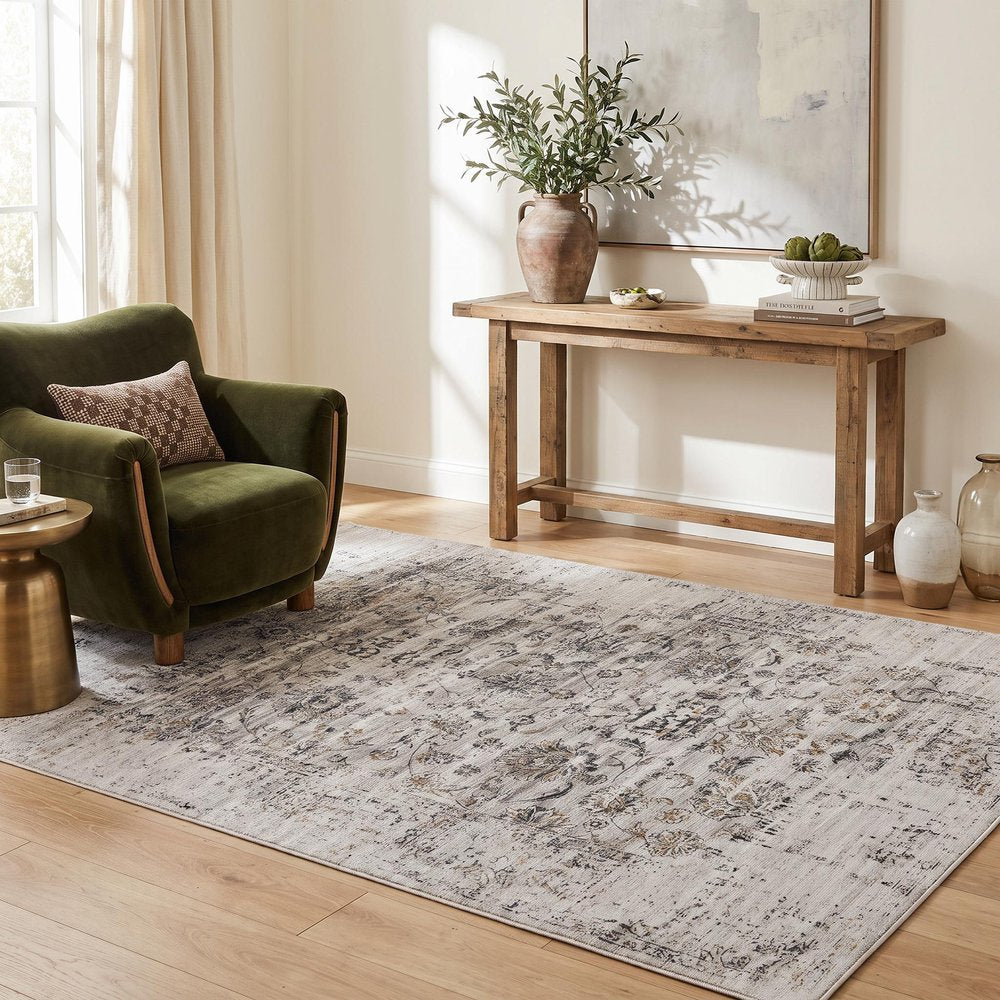 5' X 8' Beige Oriental Distressed Stain Resistant Area Rug