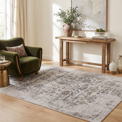 5' X 8' Beige Oriental Distressed Stain Resistant Area Rug