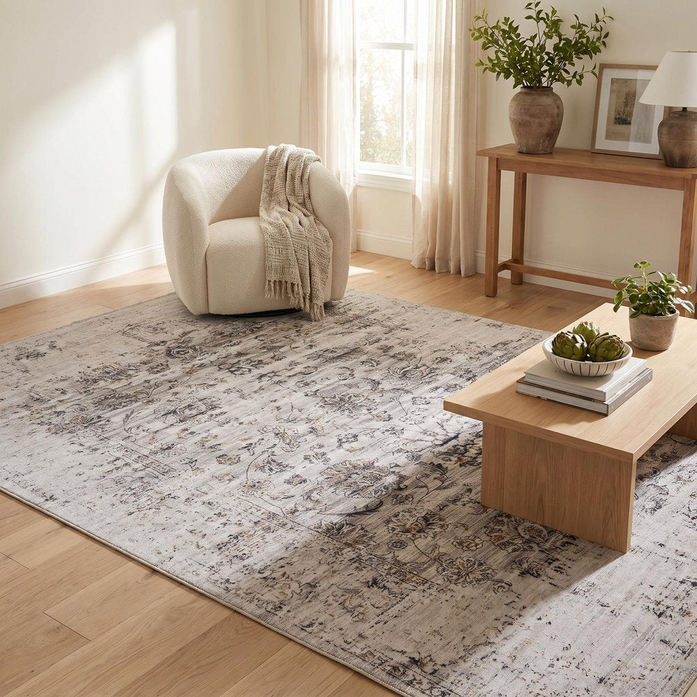 5' X 8' Beige Oriental Distressed Stain Resistant Area Rug