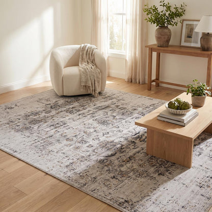 5' X 8' Beige Oriental Distressed Stain Resistant Area Rug