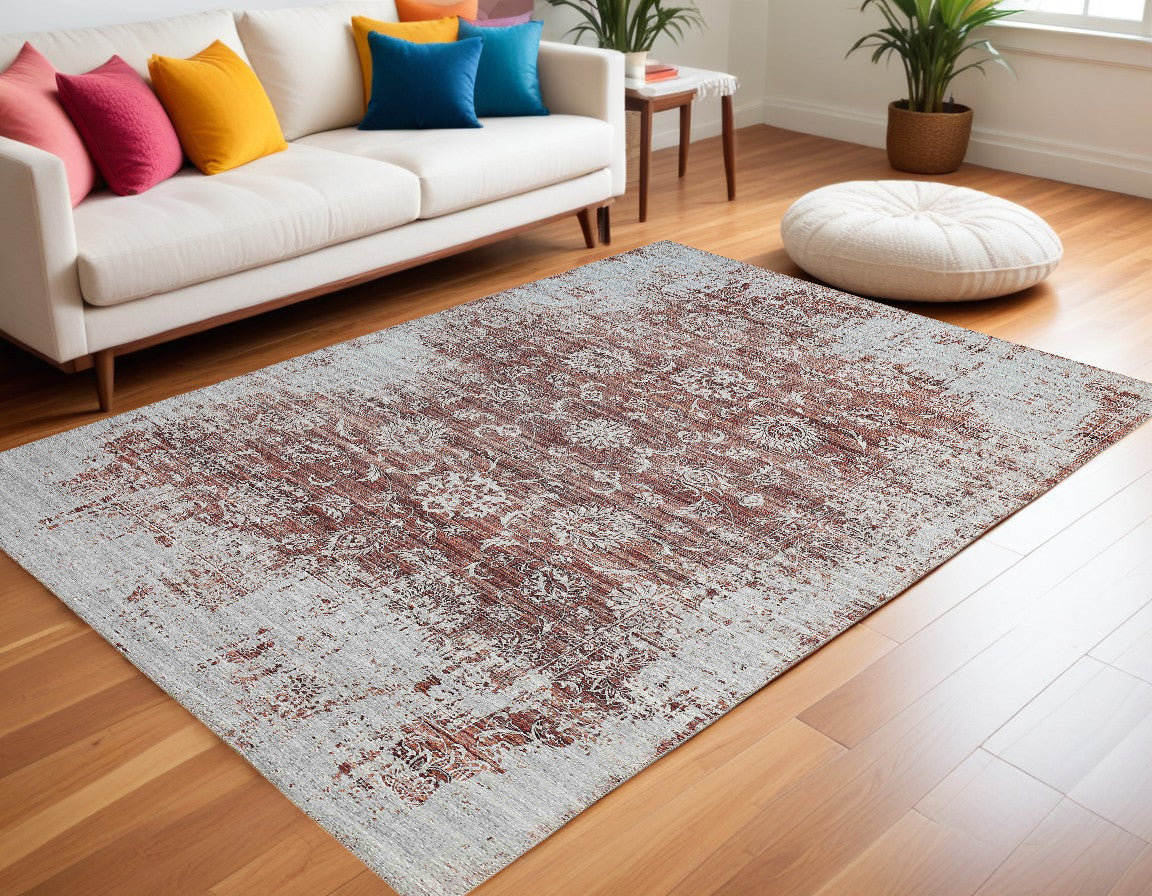 5' X 8' Rust Oriental Distressed Stain Resistant Area Rug