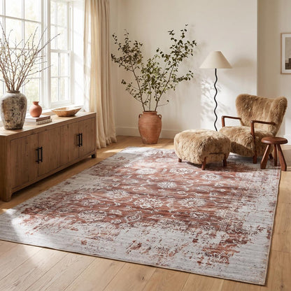 5' X 8' Rust Oriental Distressed Stain Resistant Area Rug