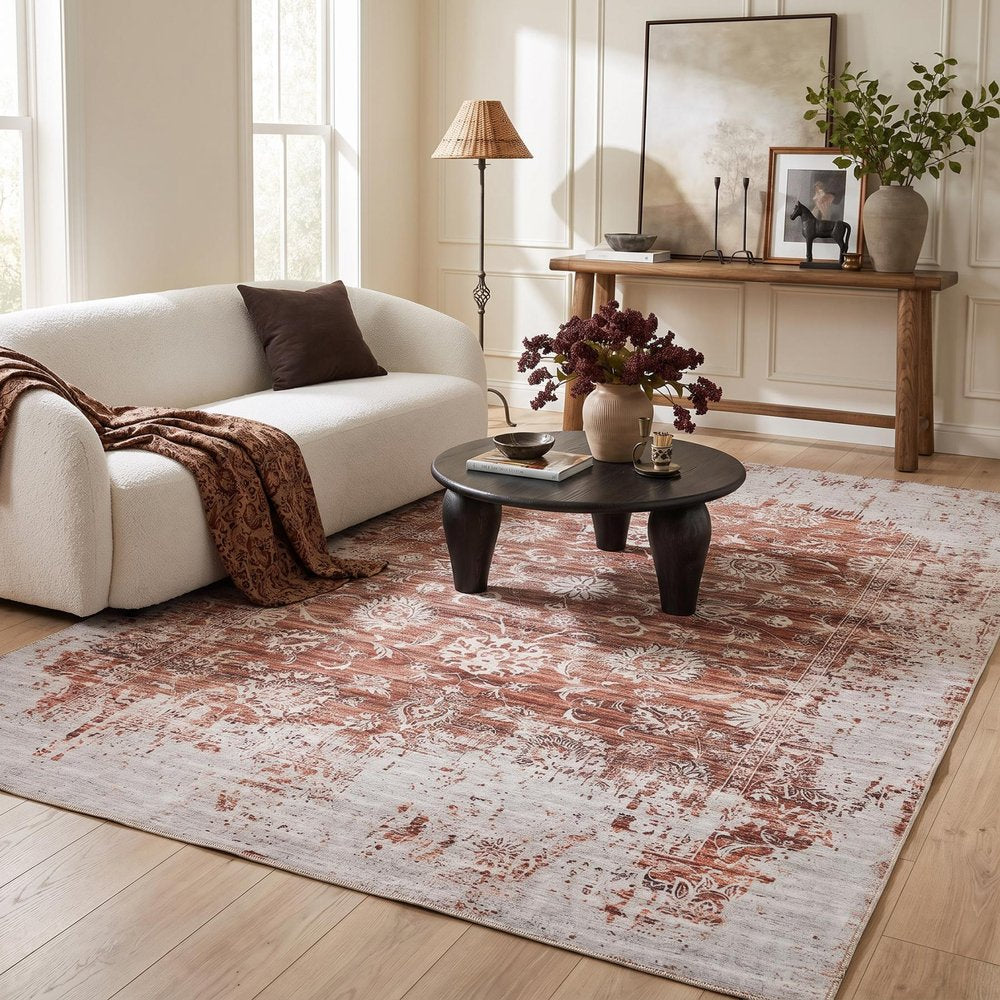 5' X 8' Rust Oriental Distressed Stain Resistant Area Rug