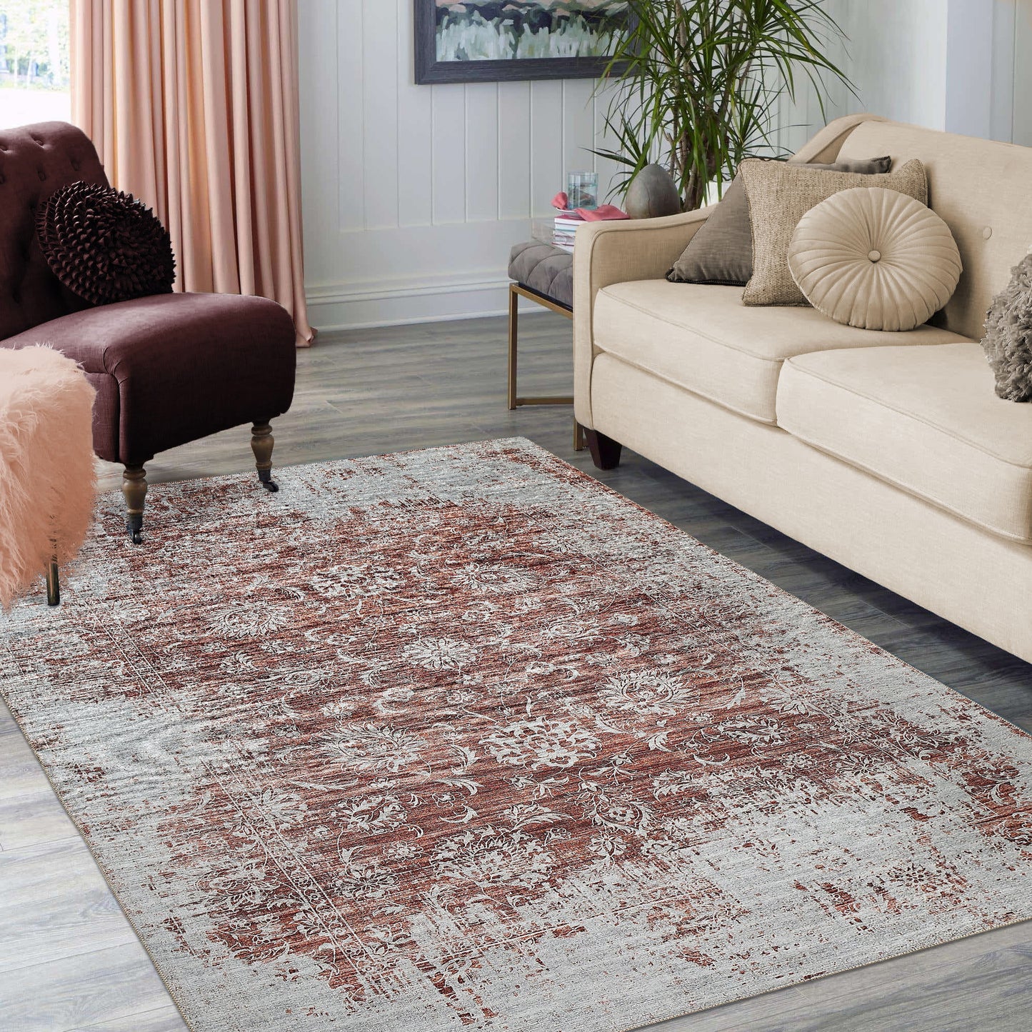 8' X 10' Rust Oriental Distressed Stain Resistant Area Rug