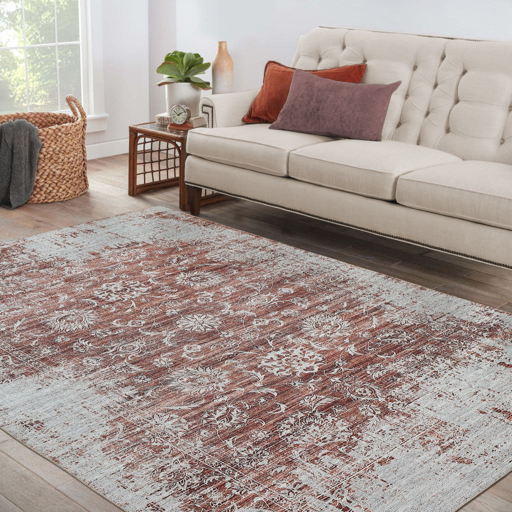 8' X 10' Rust Oriental Distressed Stain Resistant Area Rug