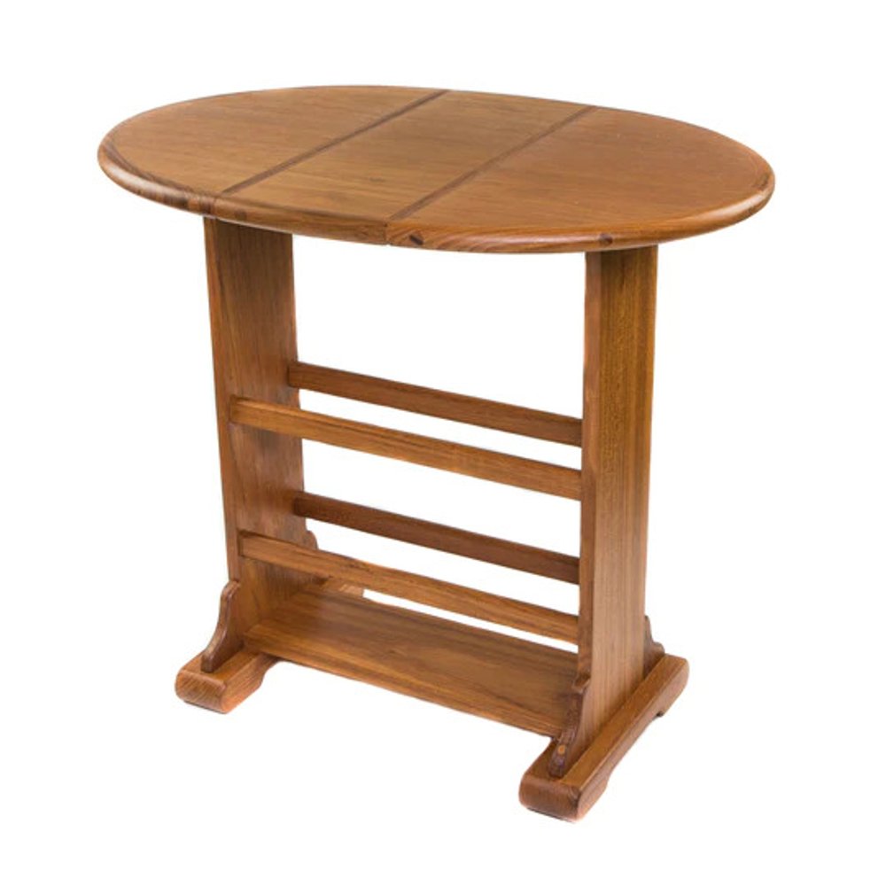 Brown solid wood oval end table with a trestle base and three horizontal slats, rustic farmhouse style.