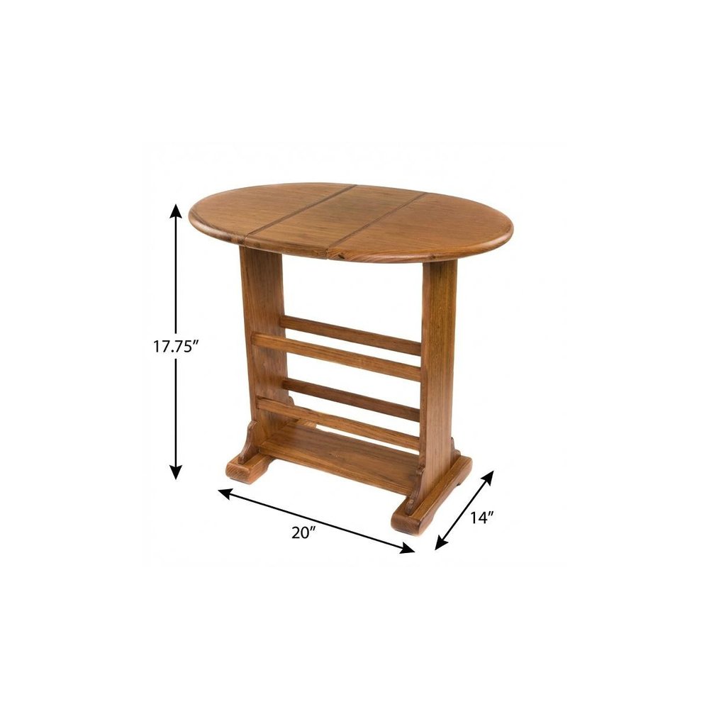 Warm brown solid wood oval end table with a slatted shelf and curved base; 17.75 in tall, 20 in diameter.