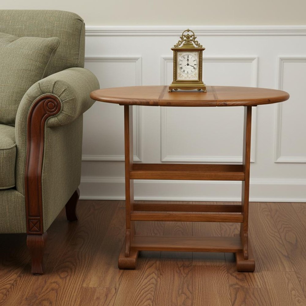 Oval wooden end table with two shelves beside a green upholstered sofa; vintage brass mantel clock on top.