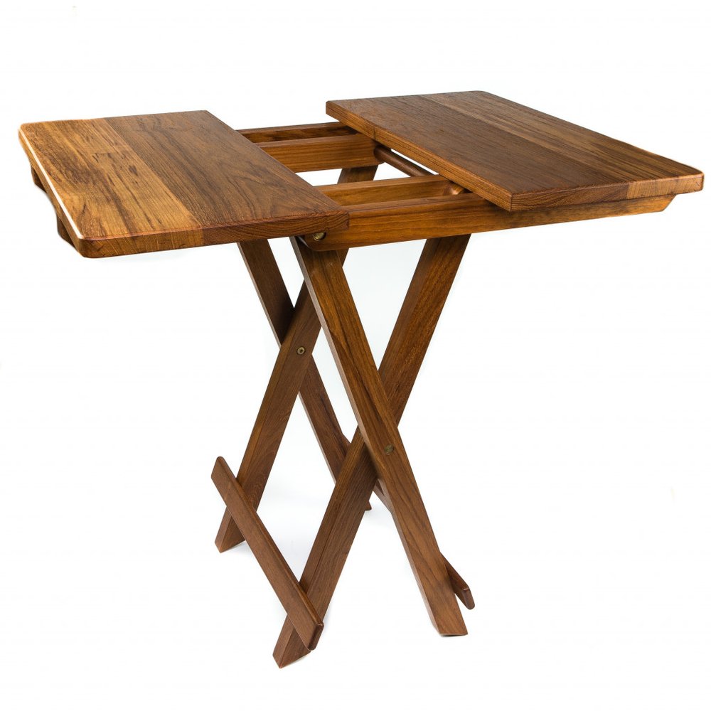 Brown wooden folding table with two drop leaves and cross X-frame legs, rustic portable desk.