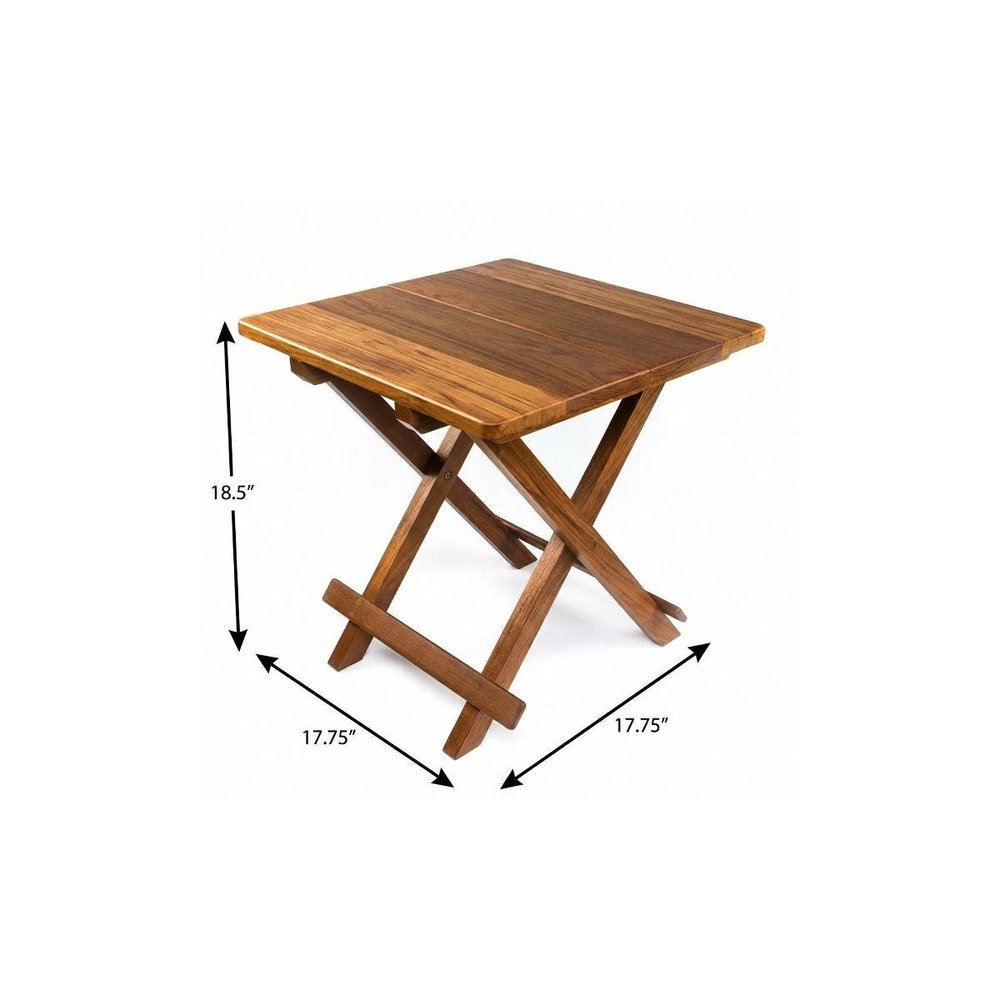 Wooden folding table with cross X-frame legs, warm brown finish, square top; approx 18.5 in tall and 17.75 in square.