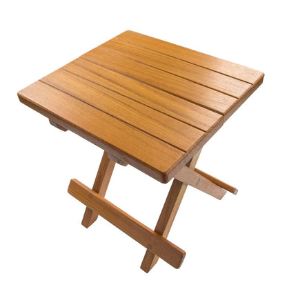 Wooden folding table with a warm oak finish, slatted top, and cross-legged foldable frame.