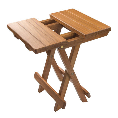 Natural wood folding side table with two rectangular top boards and crisscross legs.