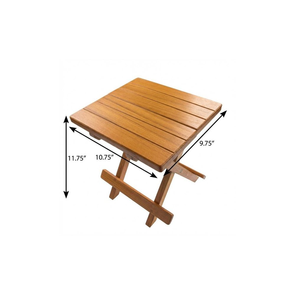Natural wood folding side table with slatted rectangular top and cross-legged X-frame base; compact patio or coffee table.