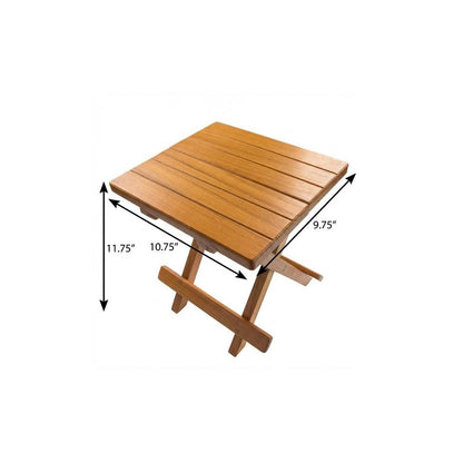 Natural wood folding side table with slatted rectangular top and cross-legged X-frame base; compact patio or coffee table.