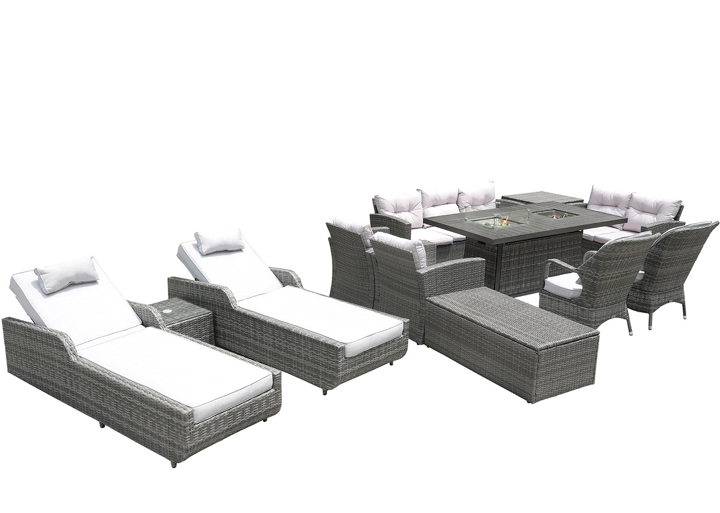 Twelve Piece Outdoor Gray Wicker Multiple Chairs Seating Group Fire Pit Included with White Cushions