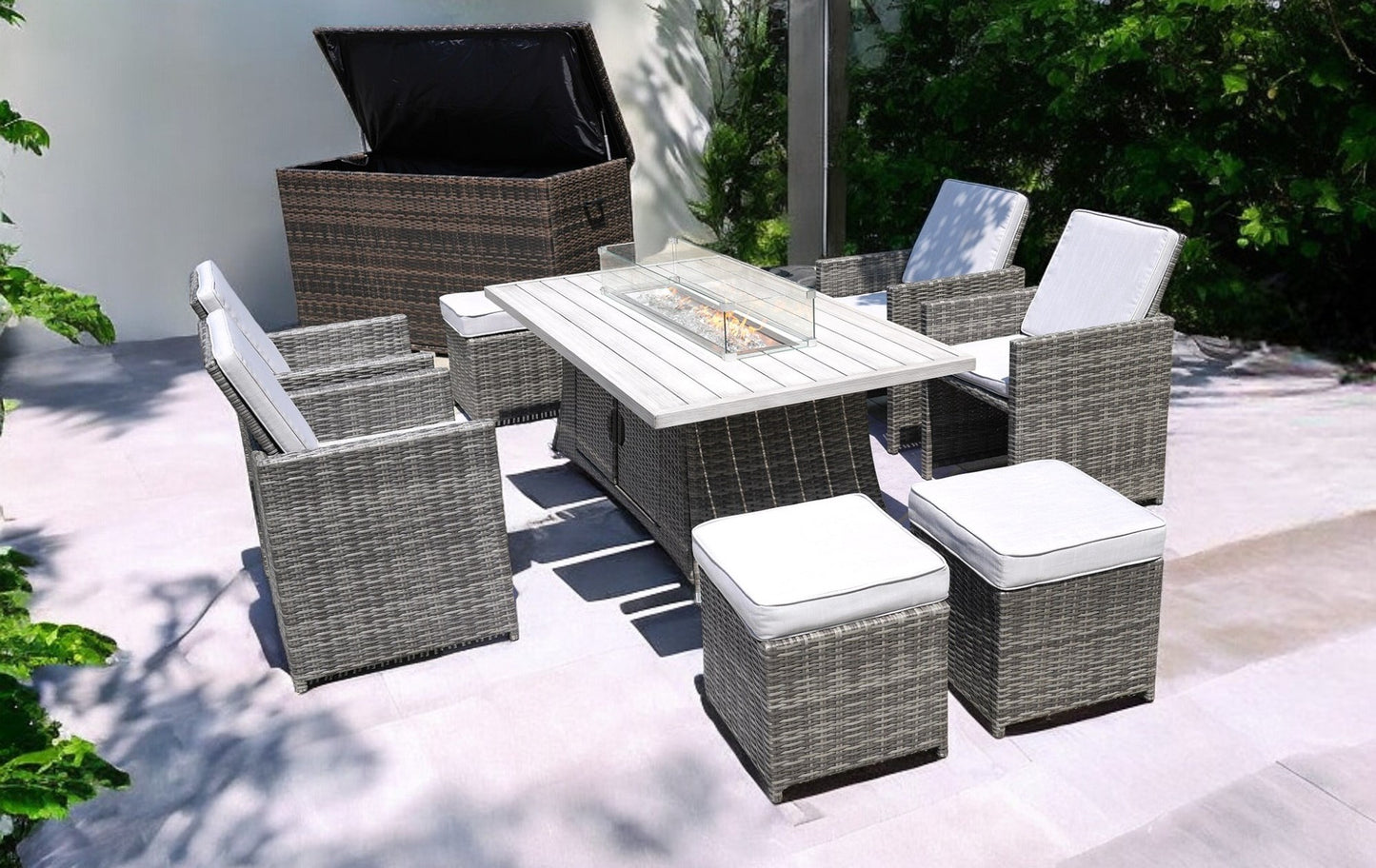 Ten Piece Outdoor Gray Wicker Multiple Chairs Seating Group Fire Pit Included with White Cushions