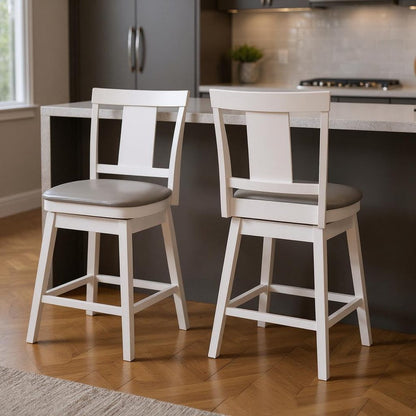 Set of Two 23 " Gray And White Faux Leather And Solid Wood Swivel Counter Height Bar Chairs