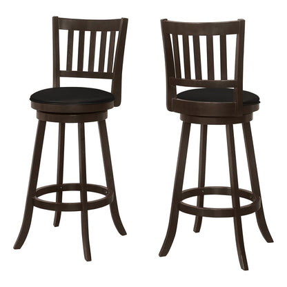 Set of Two 29" Black and Espresso Faux Leather and Solid Wood Bar Height Swivel Bar Chairs