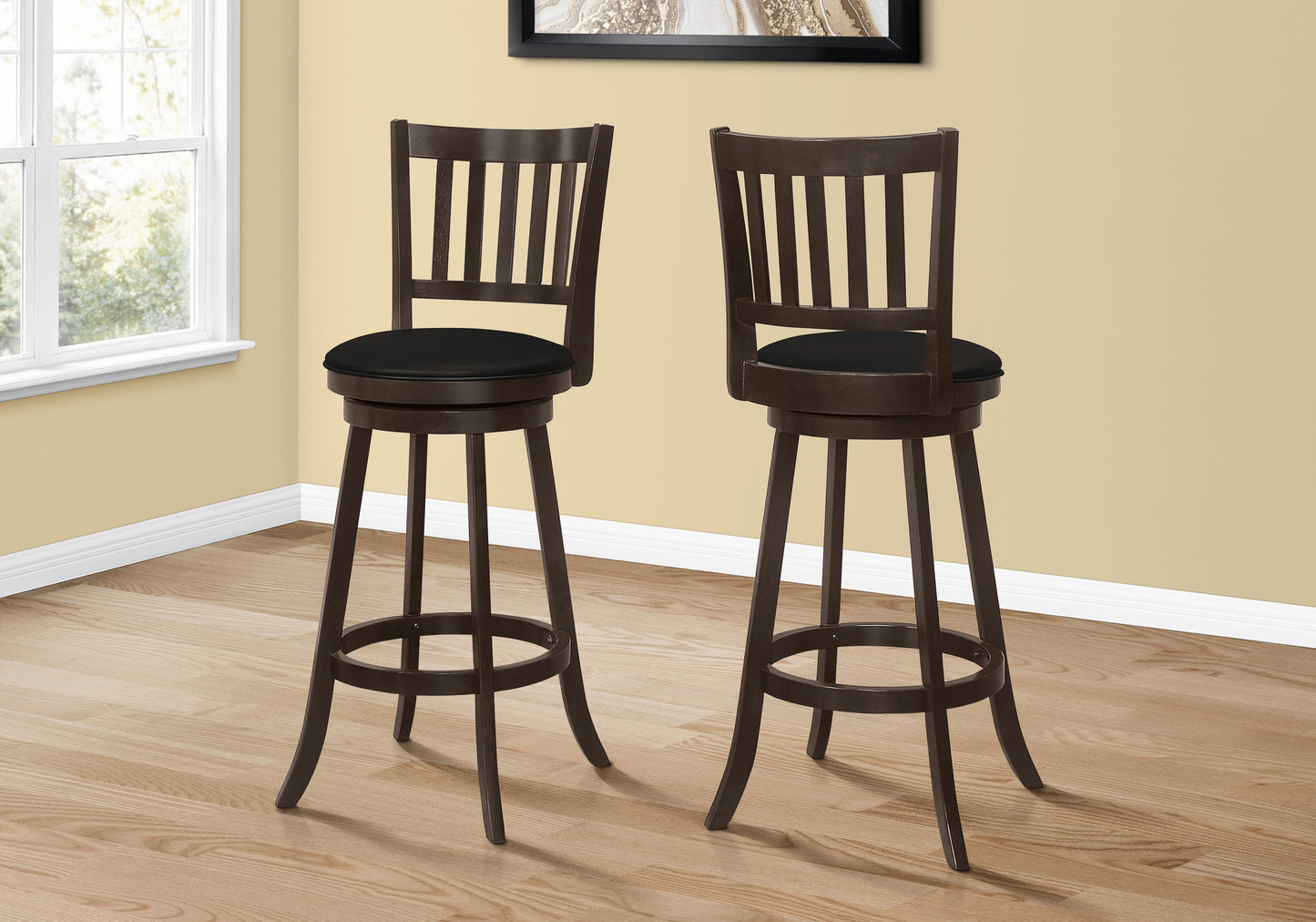 Set of Two 29 " Black And Espresso Faux Leather And Solid Wood Swivel Bar Height Bar Chairs