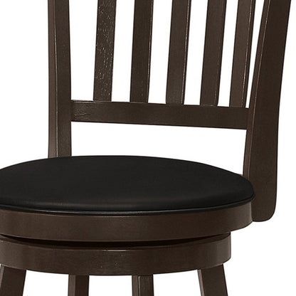 Set of Two 29" Black and Espresso Faux Leather and Solid Wood Bar Height Swivel Bar Chairs