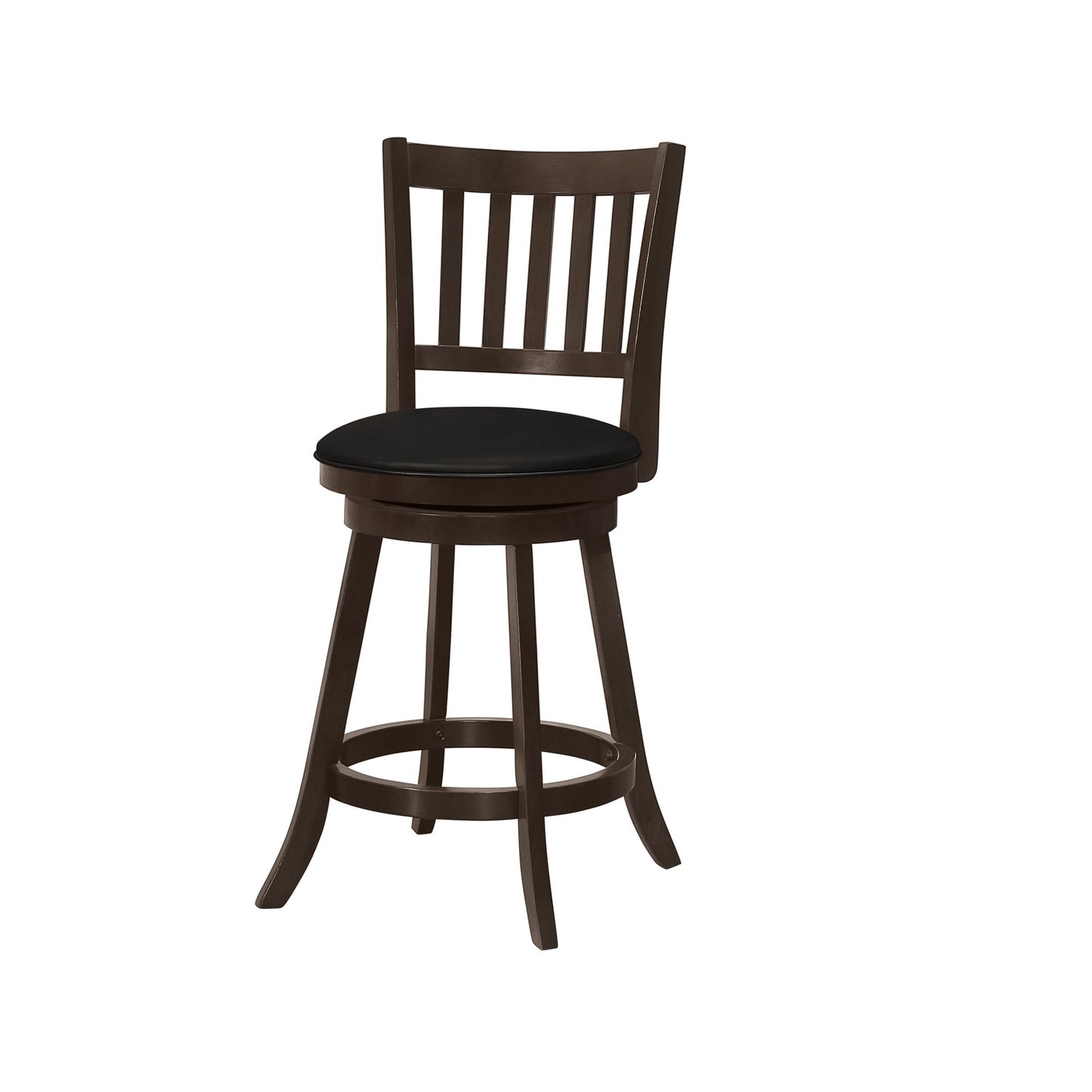 Set of Two 23 " Black And Espresso Faux Leather And Solid Wood Swivel Counter Height Bar Chairs