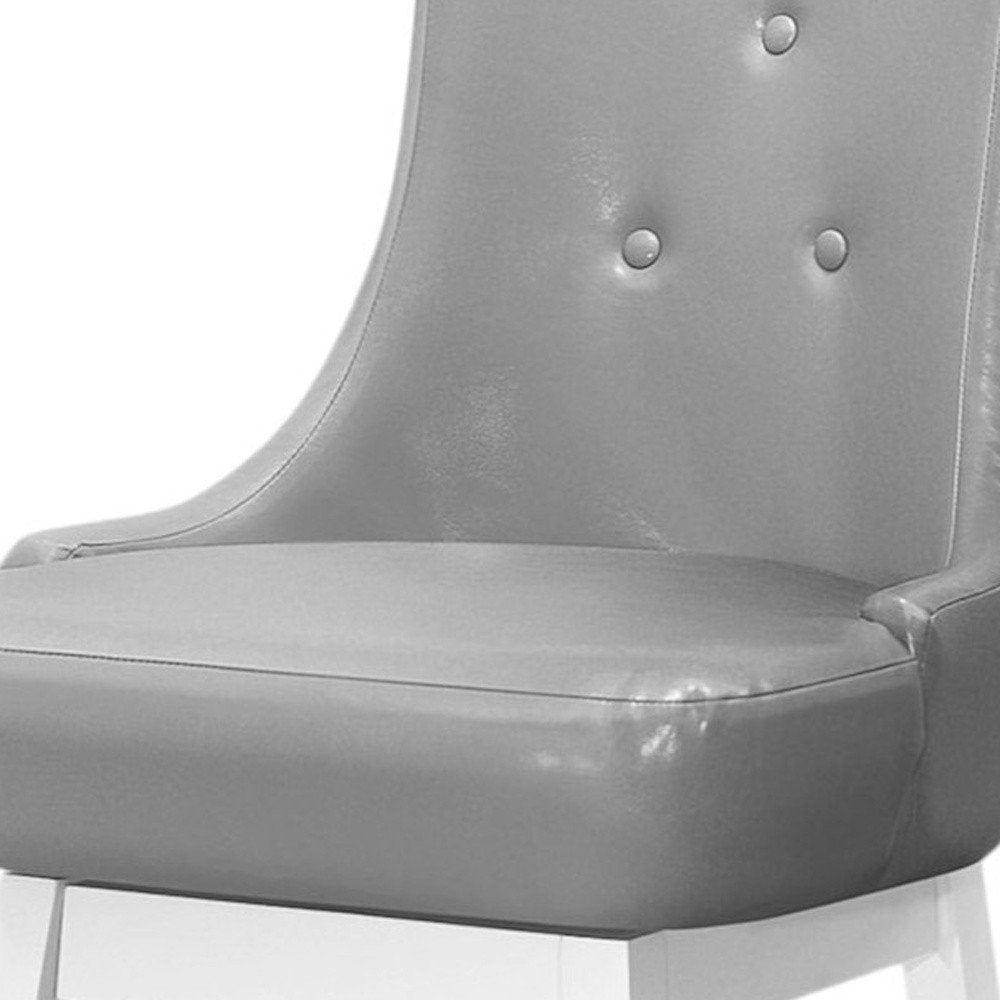 Set of Two 29" Gray and White Faux Leather and Solid Wood Bar Height Swivel Bar Chairs