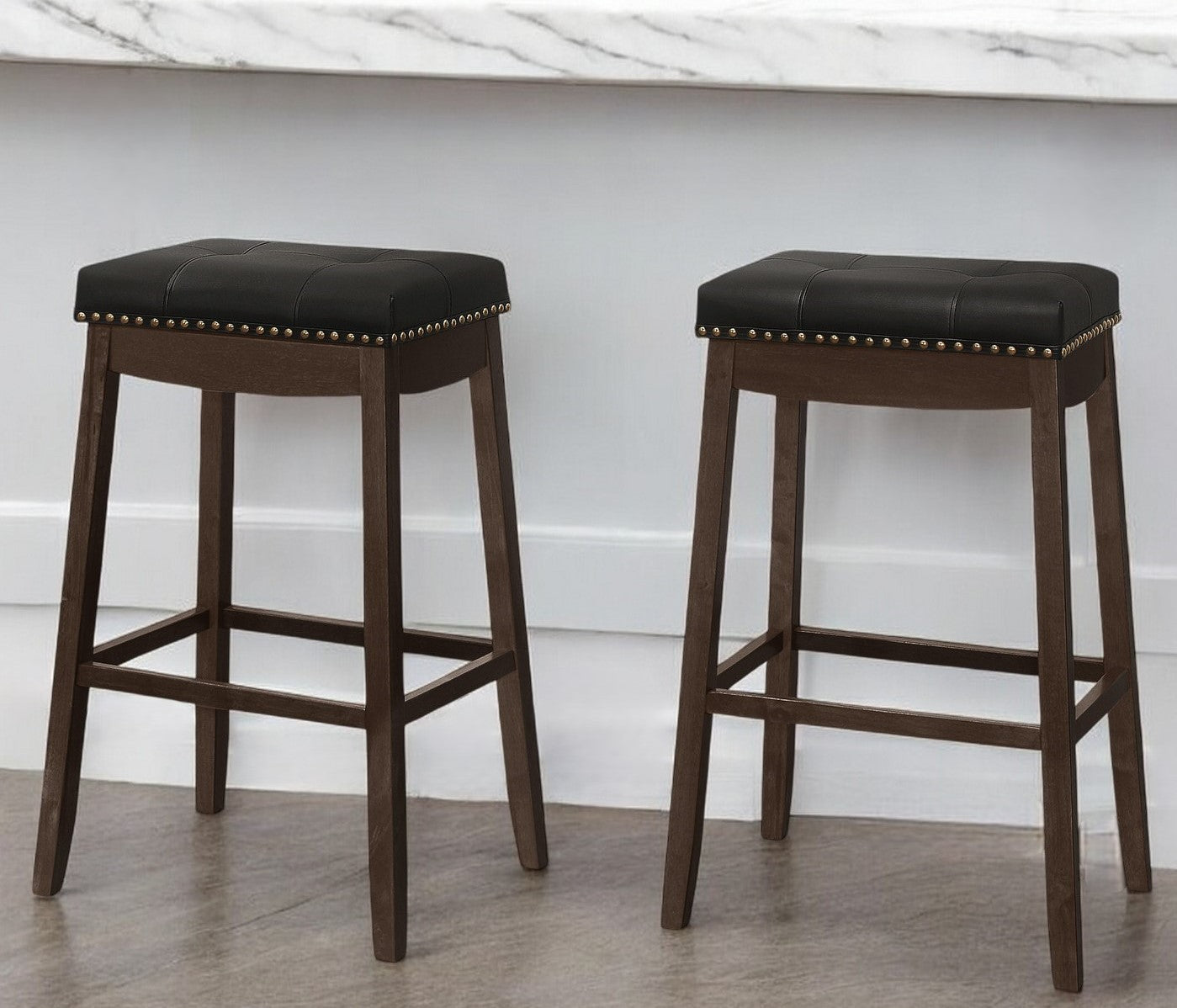 Set of Two 30 " Black And Espresso Faux Leather And Solid Wood Backless Bar Height Bar Chairs