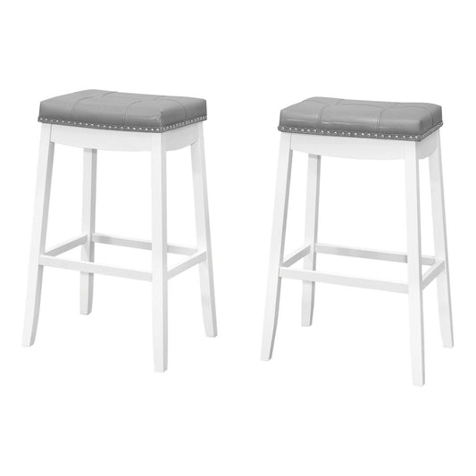 Set of Two 30" Gray And White Faux Leather And Fabric And Solid Wood Backless Bar Height Bar Chairs
