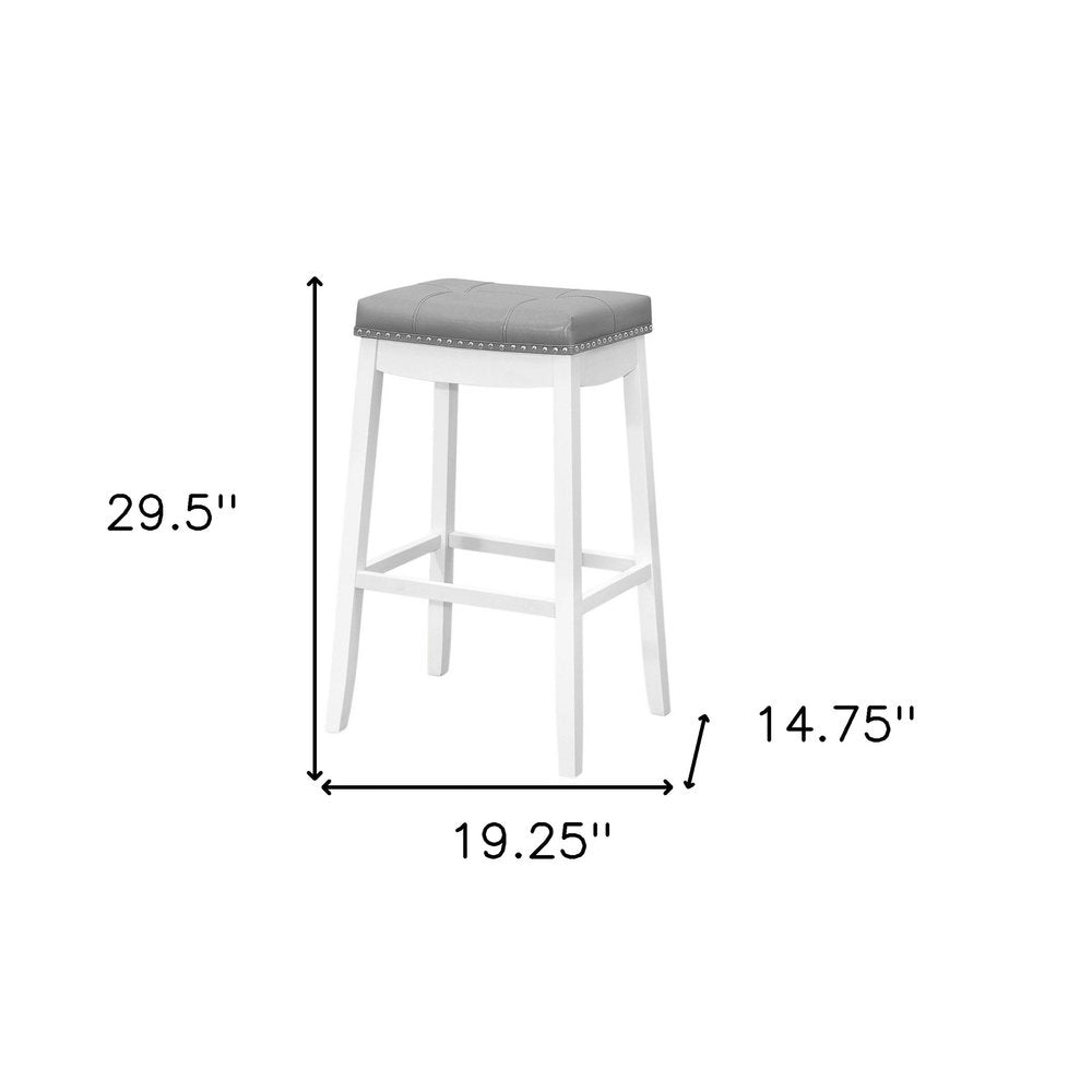 Set of Two 30" Gray And White Faux Leather And Fabric And Solid Wood Backless Bar Height Bar Chairs