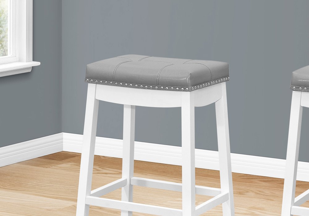 Set of Two 30" Gray And White Faux Leather And Fabric And Solid Wood Backless Bar Height Bar Chairs