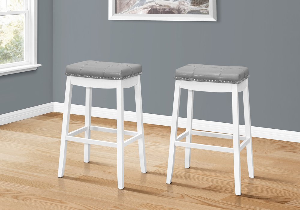 Set of Two 30" Gray And White Faux Leather And Fabric And Solid Wood Backless Bar Height Bar Chairs