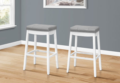 Set of Two 30" Gray And White Faux Leather And Fabric And Solid Wood Backless Bar Height Bar Chairs
