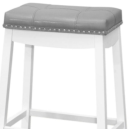 Set of Two 30" Gray And White Faux Leather And Fabric And Solid Wood Backless Bar Height Bar Chairs