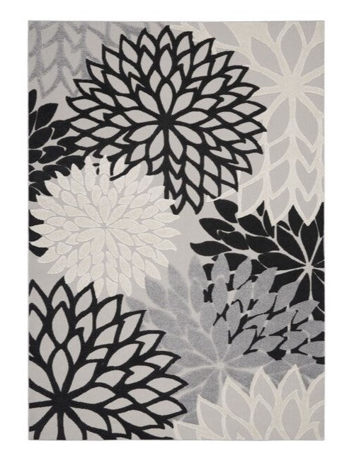 12' X 15' Black And White Floral Non Skid Indoor Outdoor Area Rug