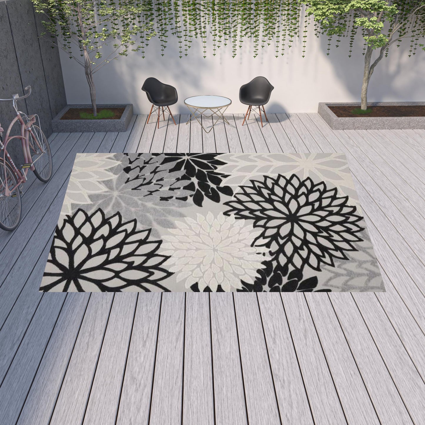 12' X 15' Black And White Floral Non Skid Indoor Outdoor Area Rug