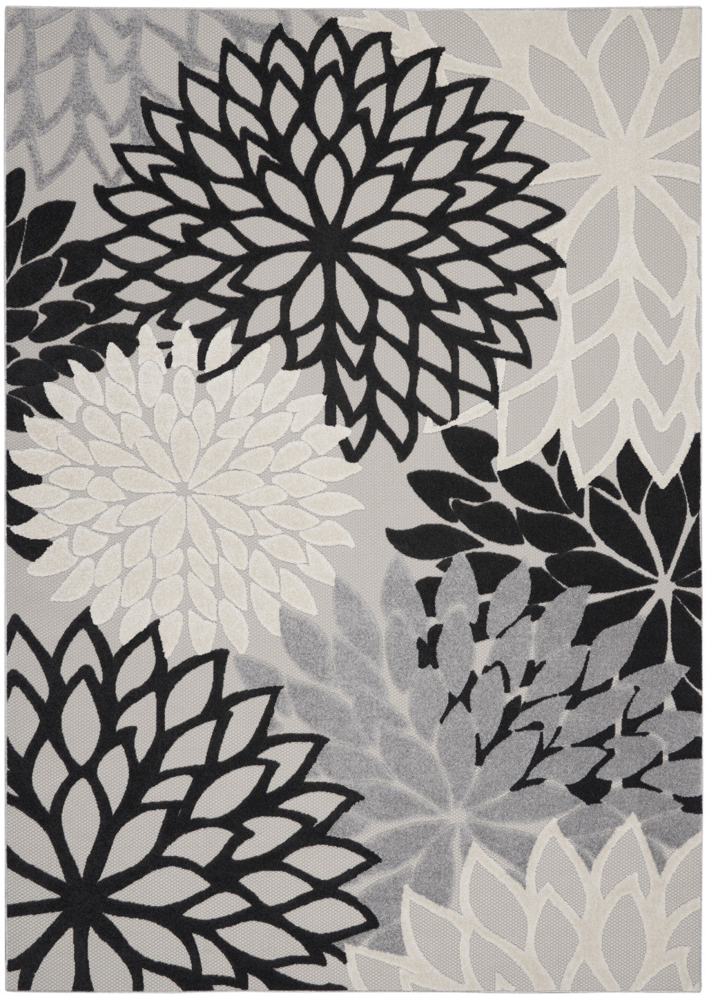 10' X 13' Black And White Floral Non Skid Indoor Outdoor Area Rug