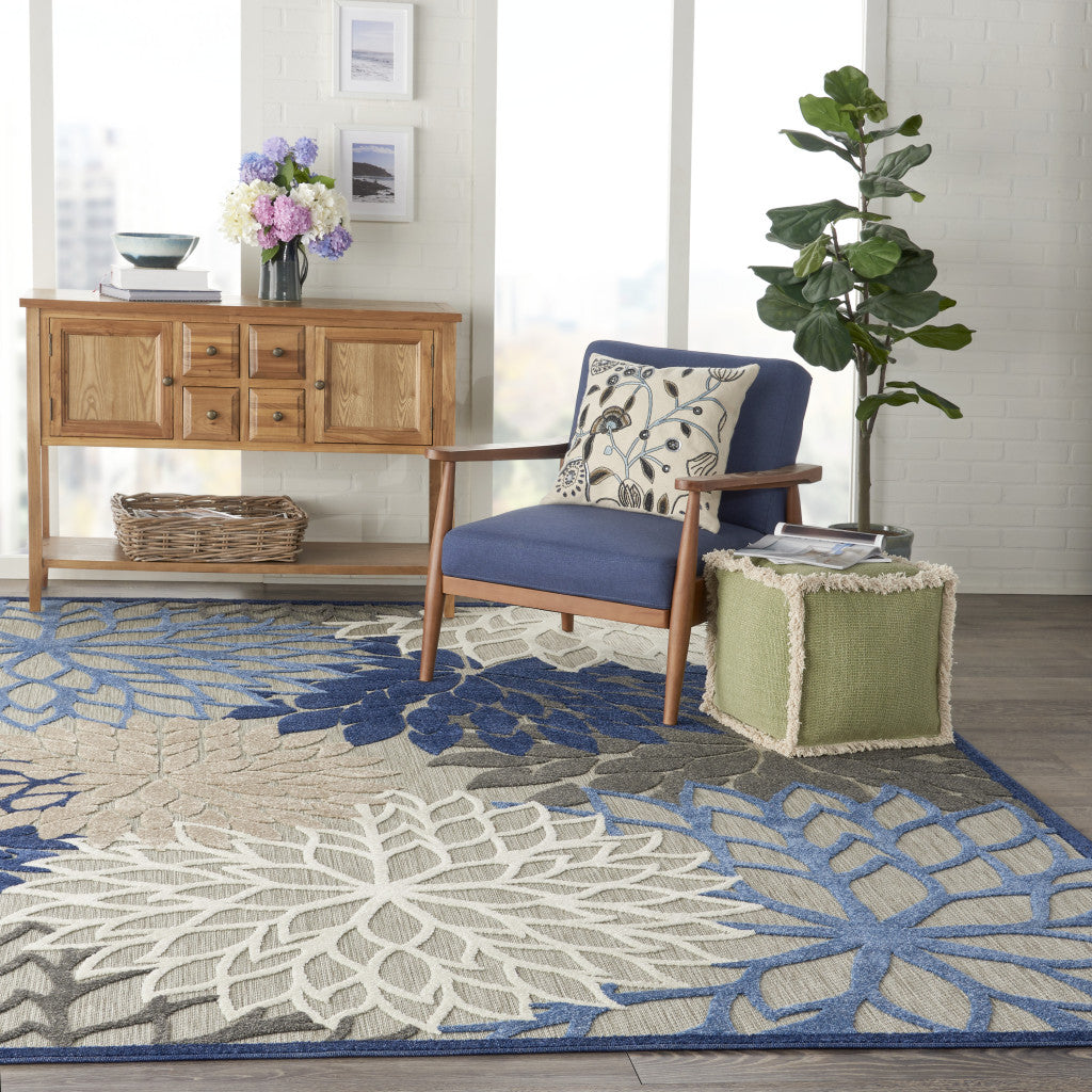 10' X 13' Blue Floral Non Skid Indoor Outdoor Area Rug