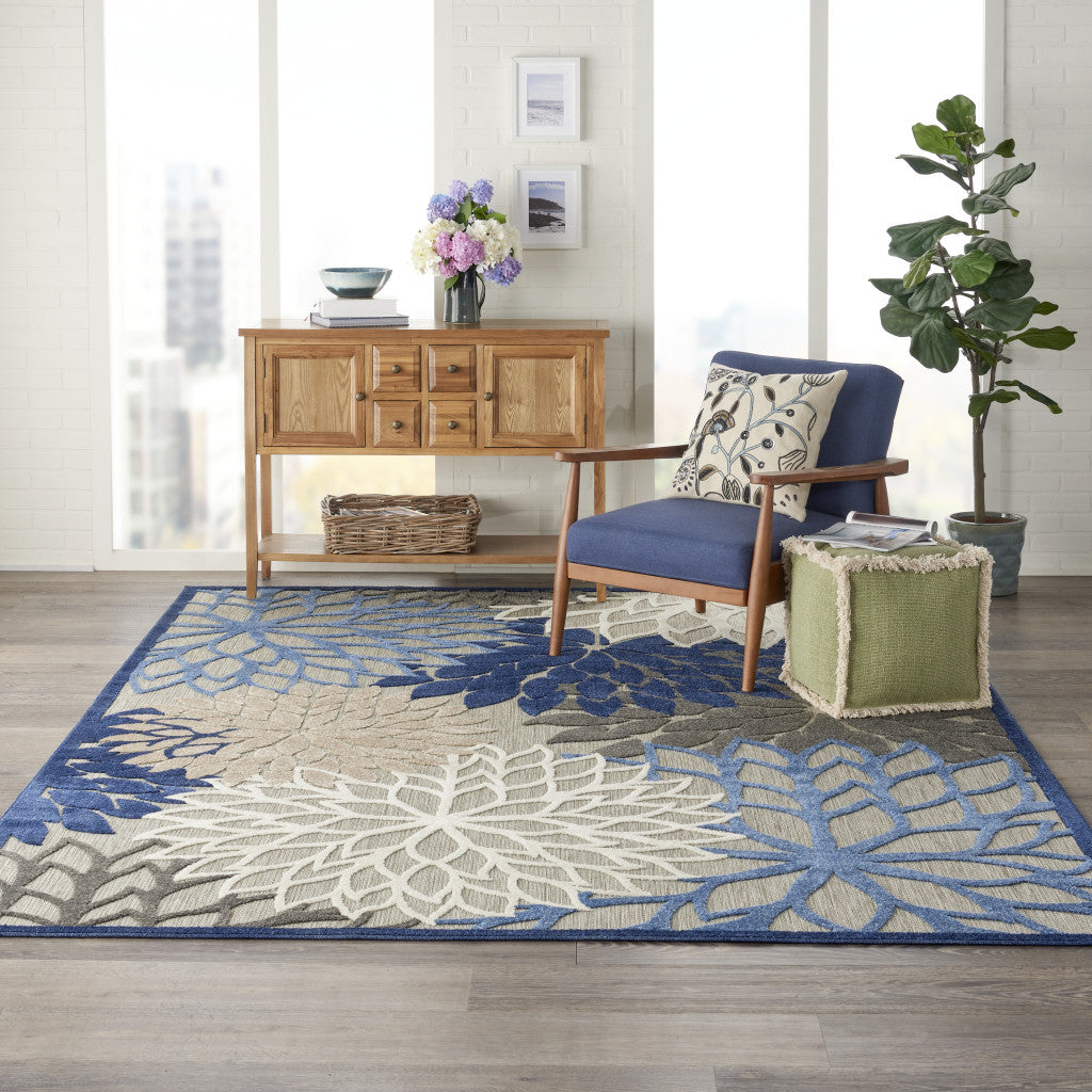 10' X 13' Blue Floral Non Skid Indoor Outdoor Area Rug