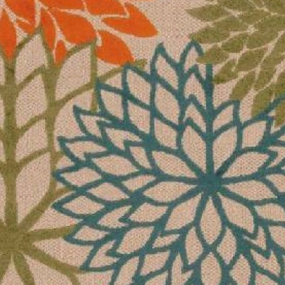 10' X 13' Orange Green And Blue Floral Non Skid Indoor Outdoor Area Rug