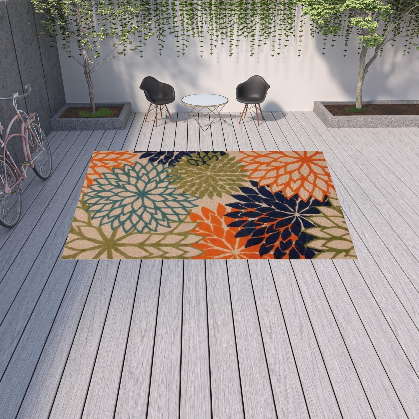 10' X 13' Orange Green And Blue Floral Non Skid Indoor Outdoor Area Rug