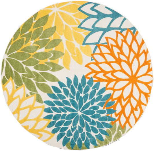 8' X 8' Turquoise Round Floral Non Skid Indoor Outdoor Area Rug