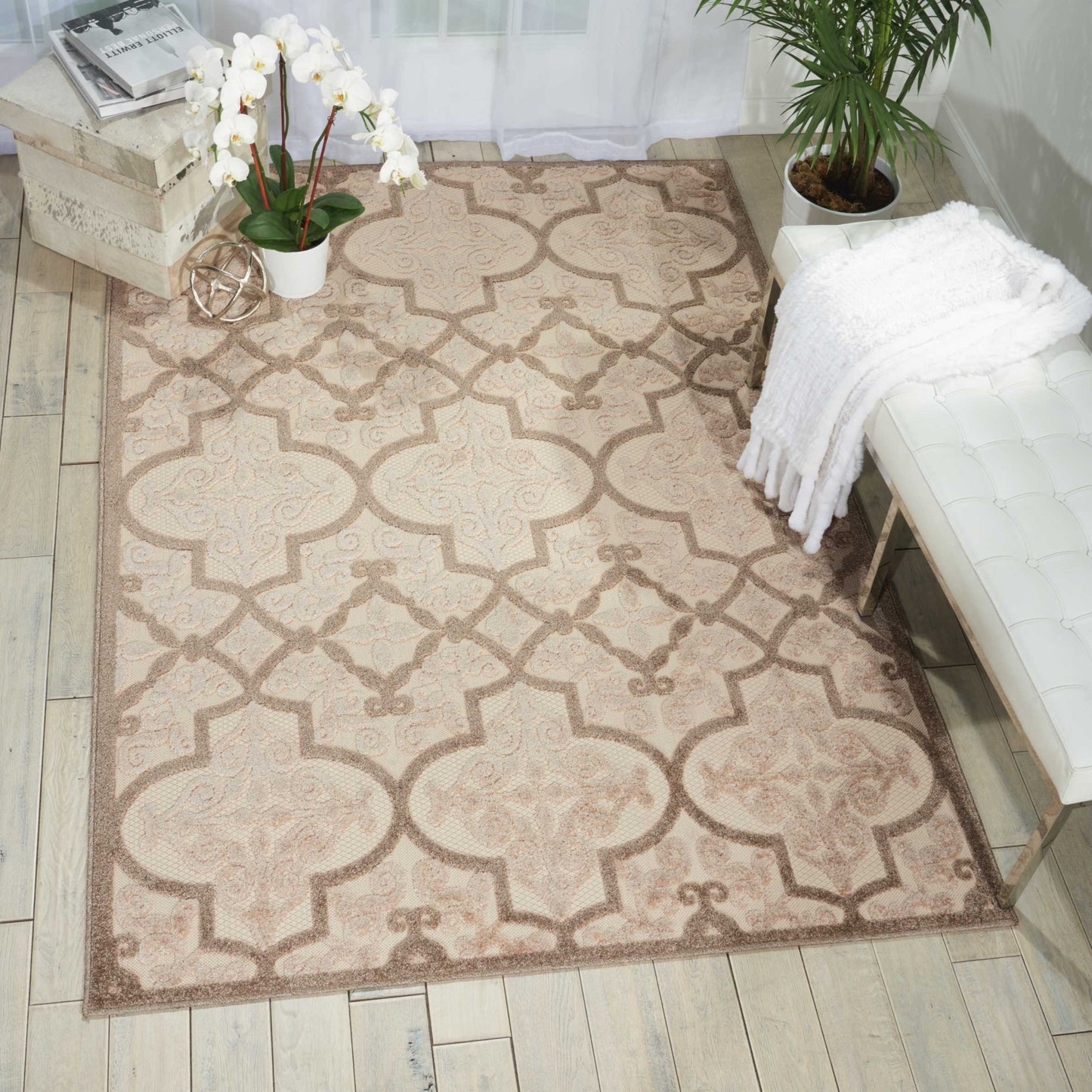 10' X 13' Cream Ikat Non Skid Indoor Outdoor Area Rug