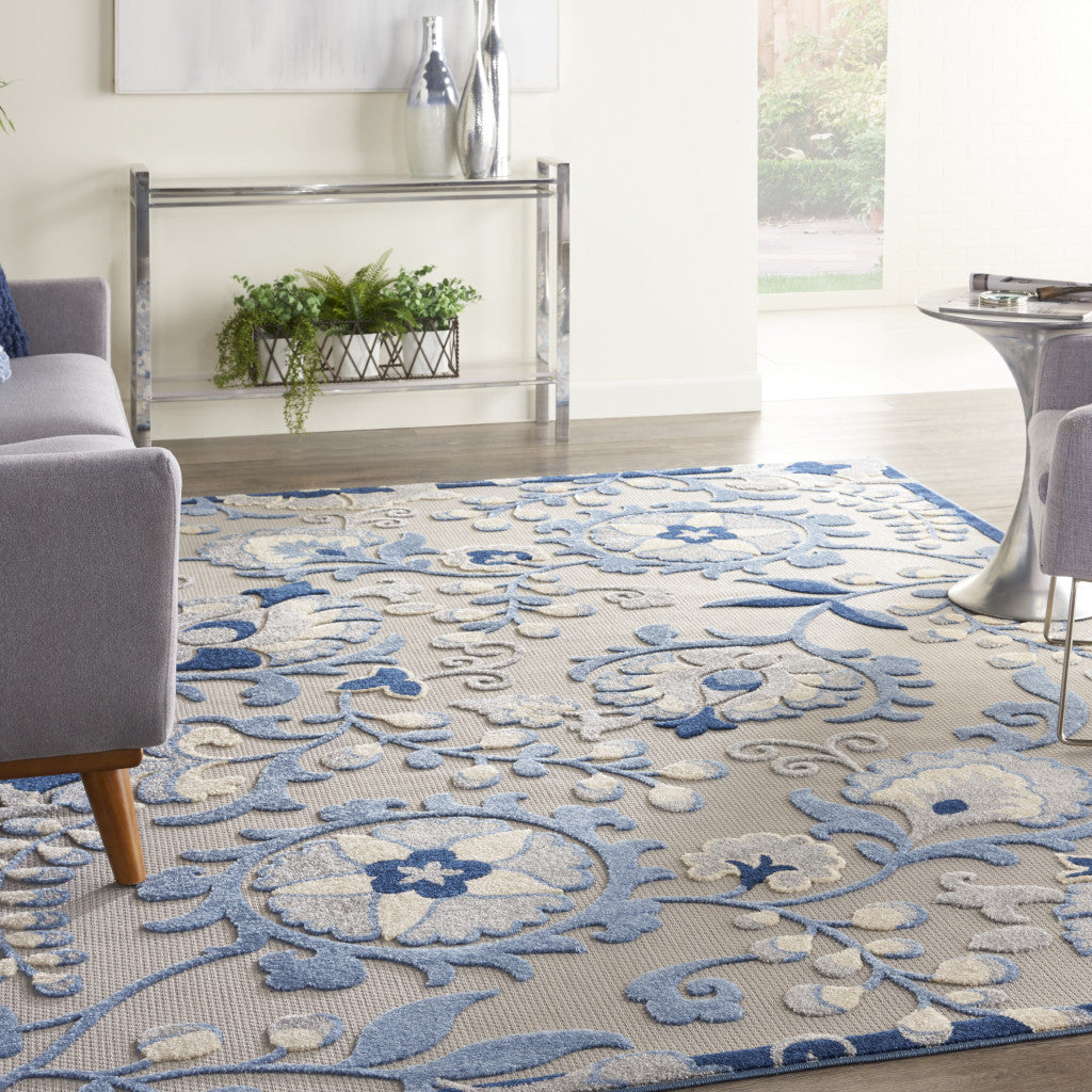 12' X 15' Blue And Grey Ikat Non Skid Indoor Outdoor Area Rug